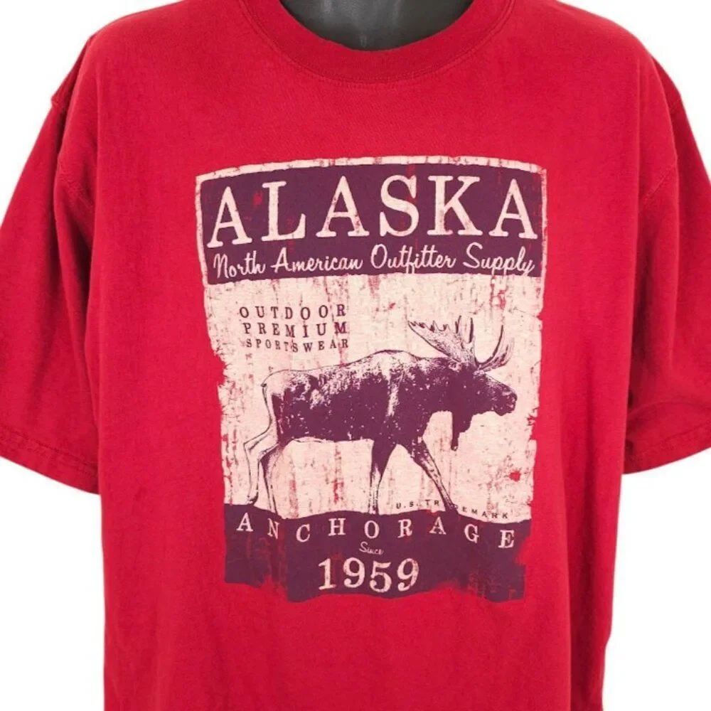 Alaska Moose T Shirt Mens Size XL Red Anchorage Travel Destination Souvenir Tee